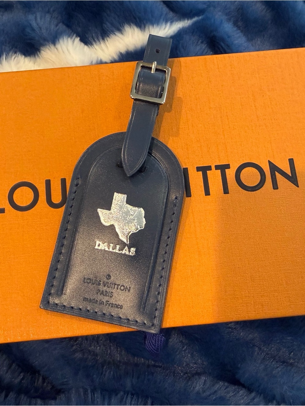 Louis Vuitton Navy Leather Dallas Luggage Tag with Silver Foil